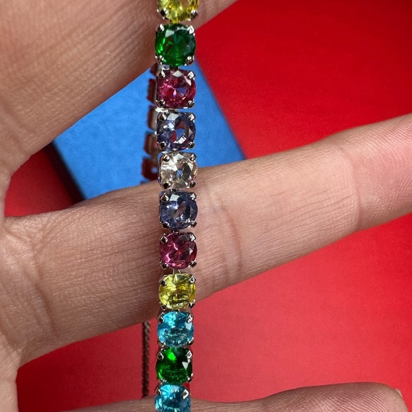 Simulated Multi Color Diamond Tennis Bracelet w/ Bolo Slider in Silvertone 6-9” - Picture 2 of 4